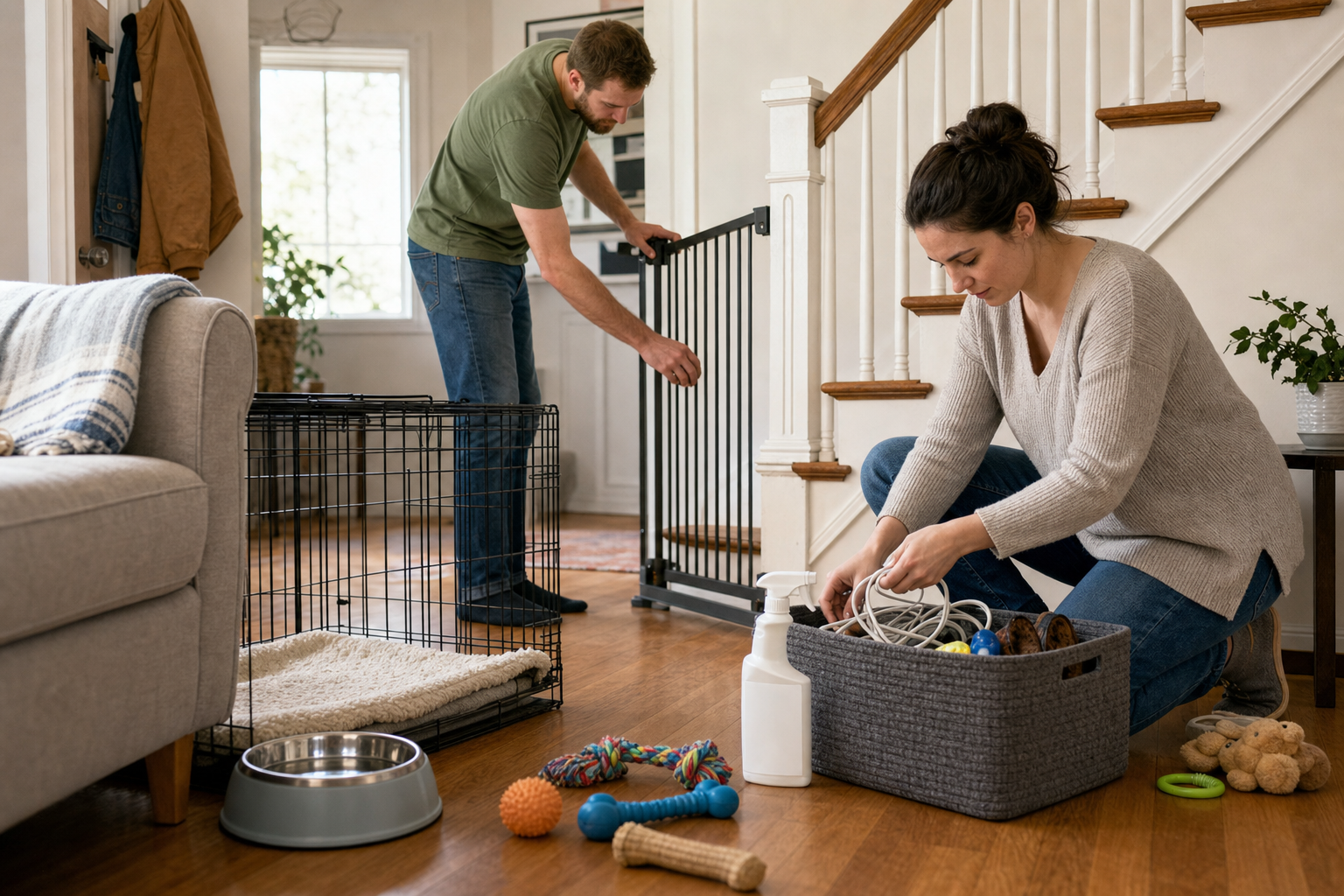 Two adults puppy-proof a living room by securing a pet gate and moving cords, shoes, and small toys into storage.