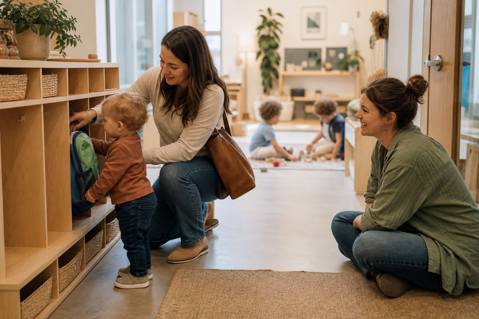 A parent helps a toddler put a backpack in a low cubby while an educator waits near the classroom play area.