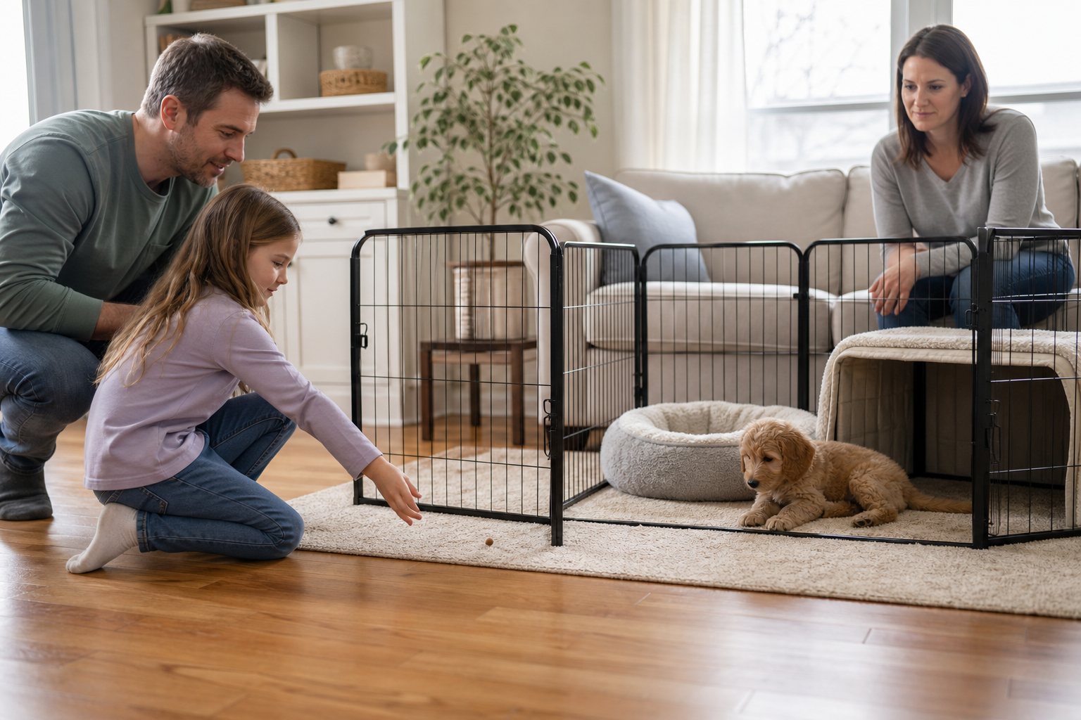 A parent guides a child in calmly offering a treat to a puppy beside an open exercise pen while another adult supervises.