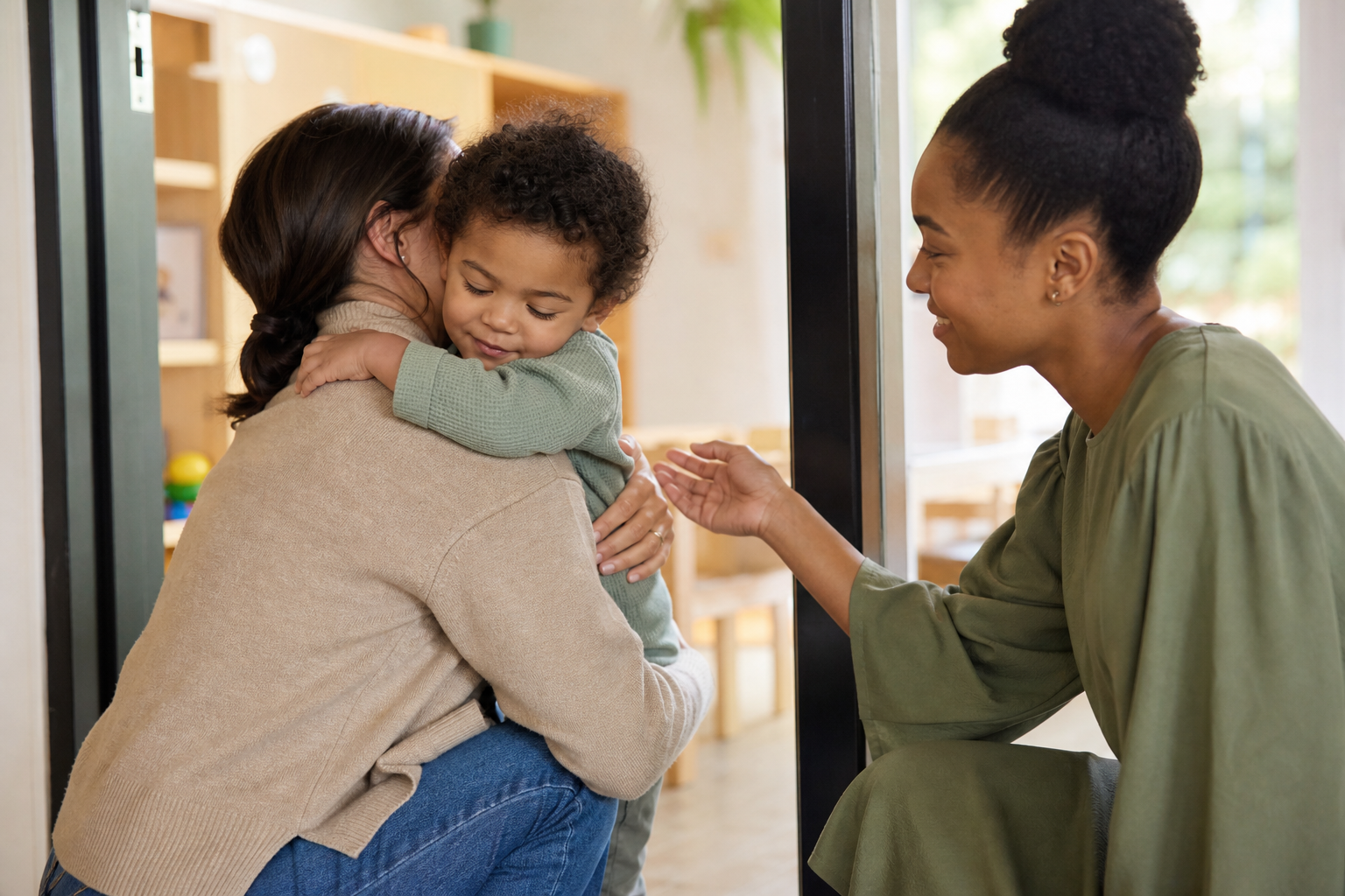 A parent gives a toddler a brief goodbye hug while an educator waits beside them at the classroom door.