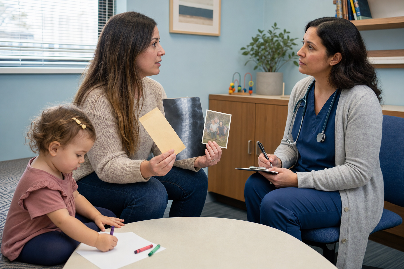 A parent shares old medical materials and a spine radiograph with a clinician while a toddler sits nearby.