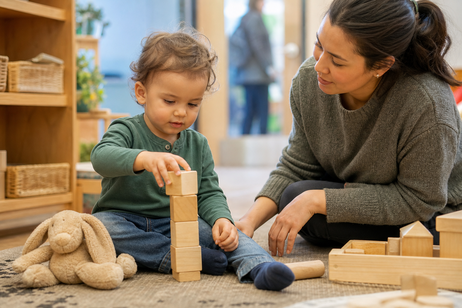 A settled toddler builds with wooden blocks while an educator sits nearby in a softly lit classroom.
