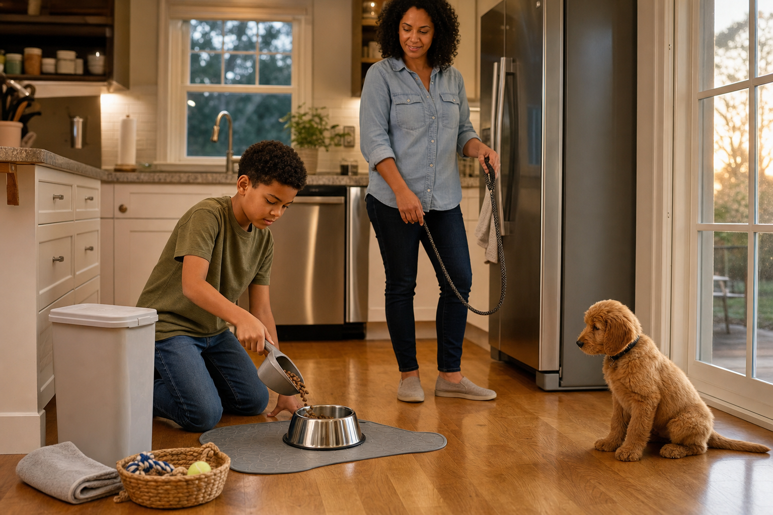A child pours measured kibble into a dog bowl while a nearby parent holds the waiting puppy's leash.