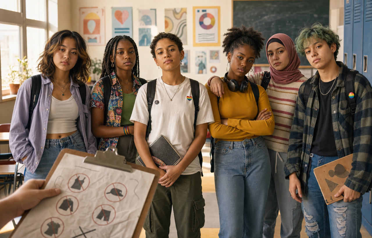 Diverse students stand together in a classroom as a lowered clipboard shows crossed-out dress code symbols.