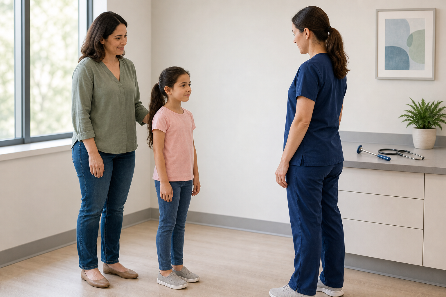 A pediatric clinician observes a young child's standing posture while the child's parent remains close by.