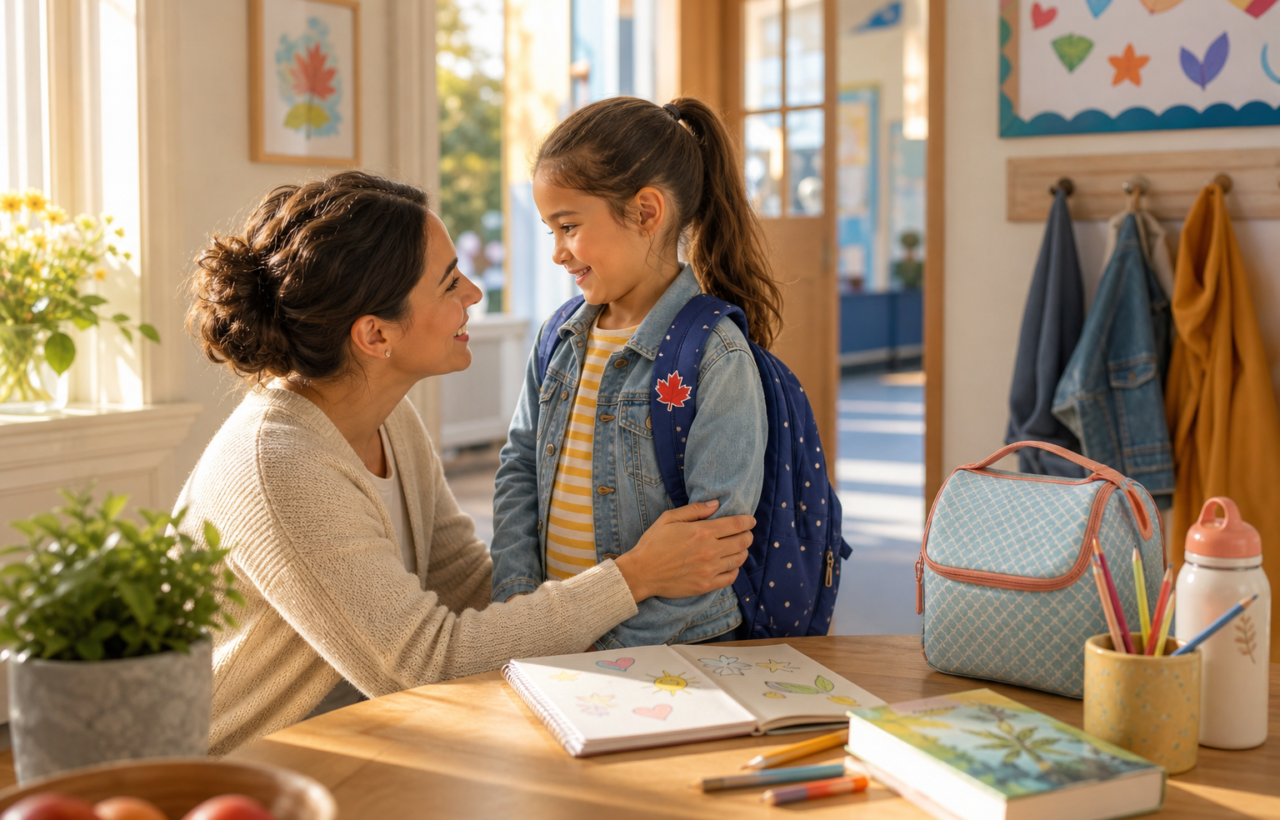 Parent encouraging a smiling child with a backpack before school