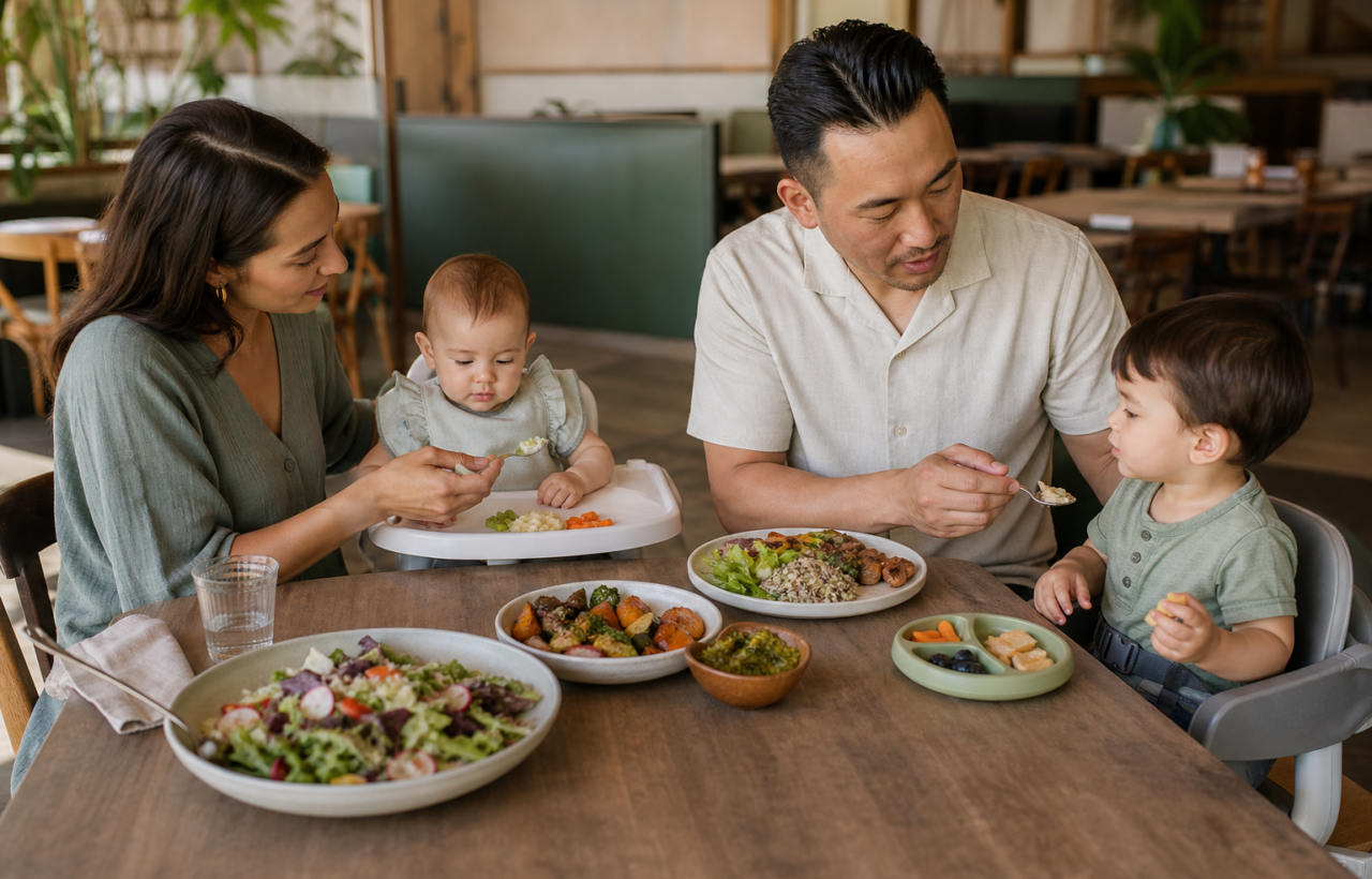 Two adults share restaurant dishes with a baby in a high chair and a toddler, serving each child a different age-appropriate plate.