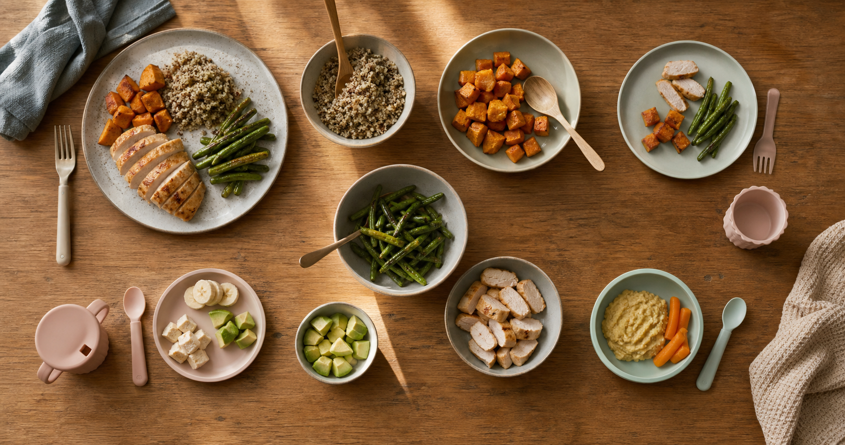 Overhead view of adult, toddler, and baby place settings with different portions and textures beside shared serving dishes.