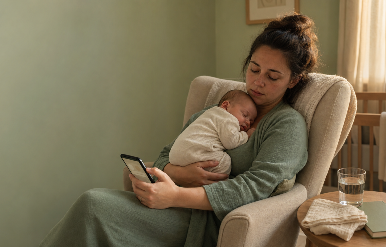 A mother cradles her sleeping newborn in a softly lit nursery while looking at a smartphone with an abstract, text-free screen.