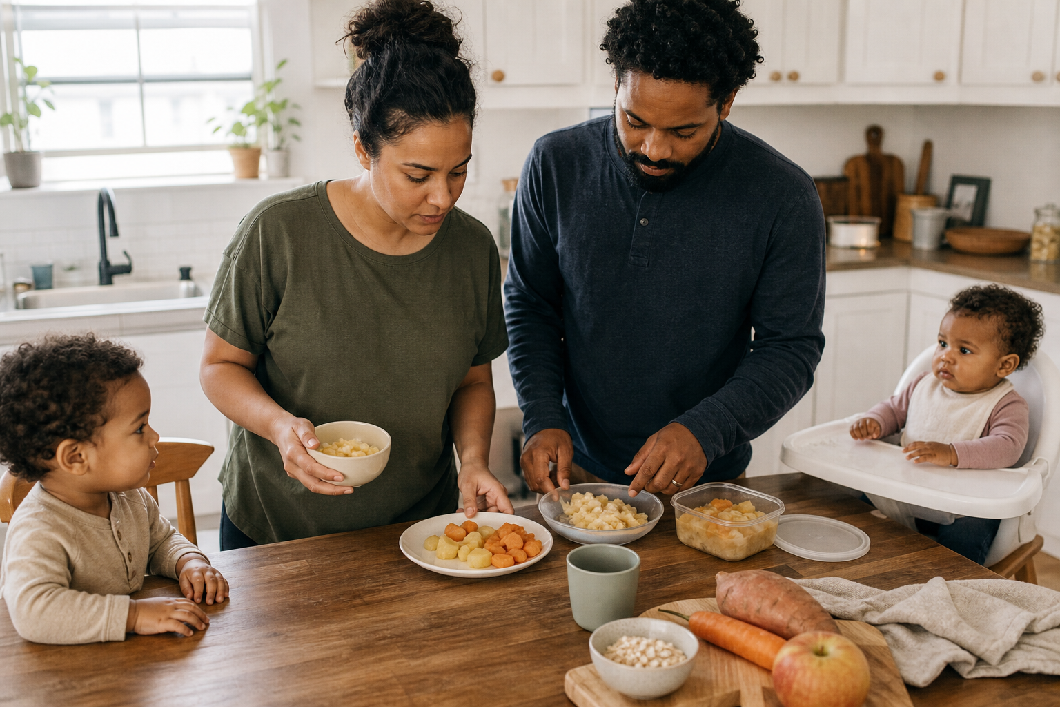 Two caregivers review soft foods, portion sizes, a drink, and a leftovers container before serving a baby and toddler.