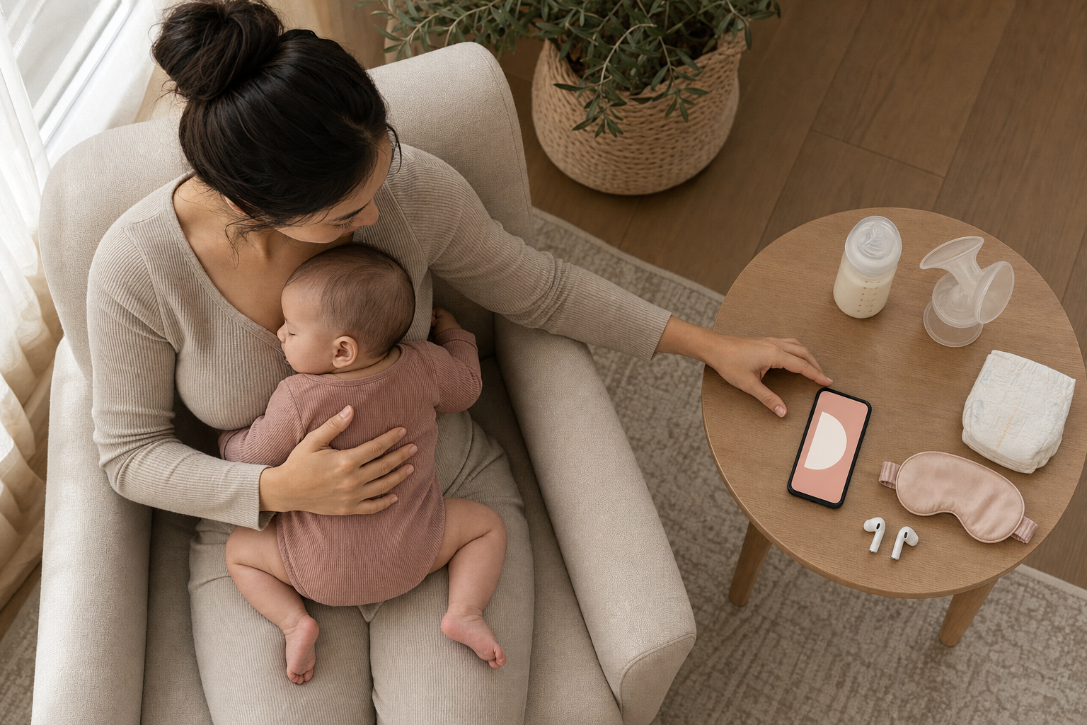 A seated mother holds her baby beside a smartphone and a small arrangement of feeding, diapering, sleep, and communication items.