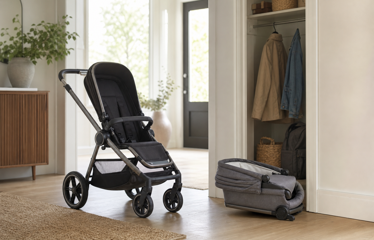 An unbranded modular stroller and a partially folded carrycot beside an open hall cupboard.