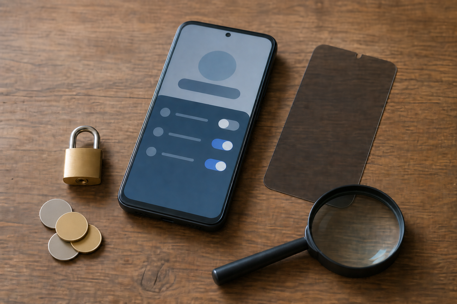 A generic smartphone sits beside a padlock, privacy screen, coins, and magnifying glass on a wooden table.
