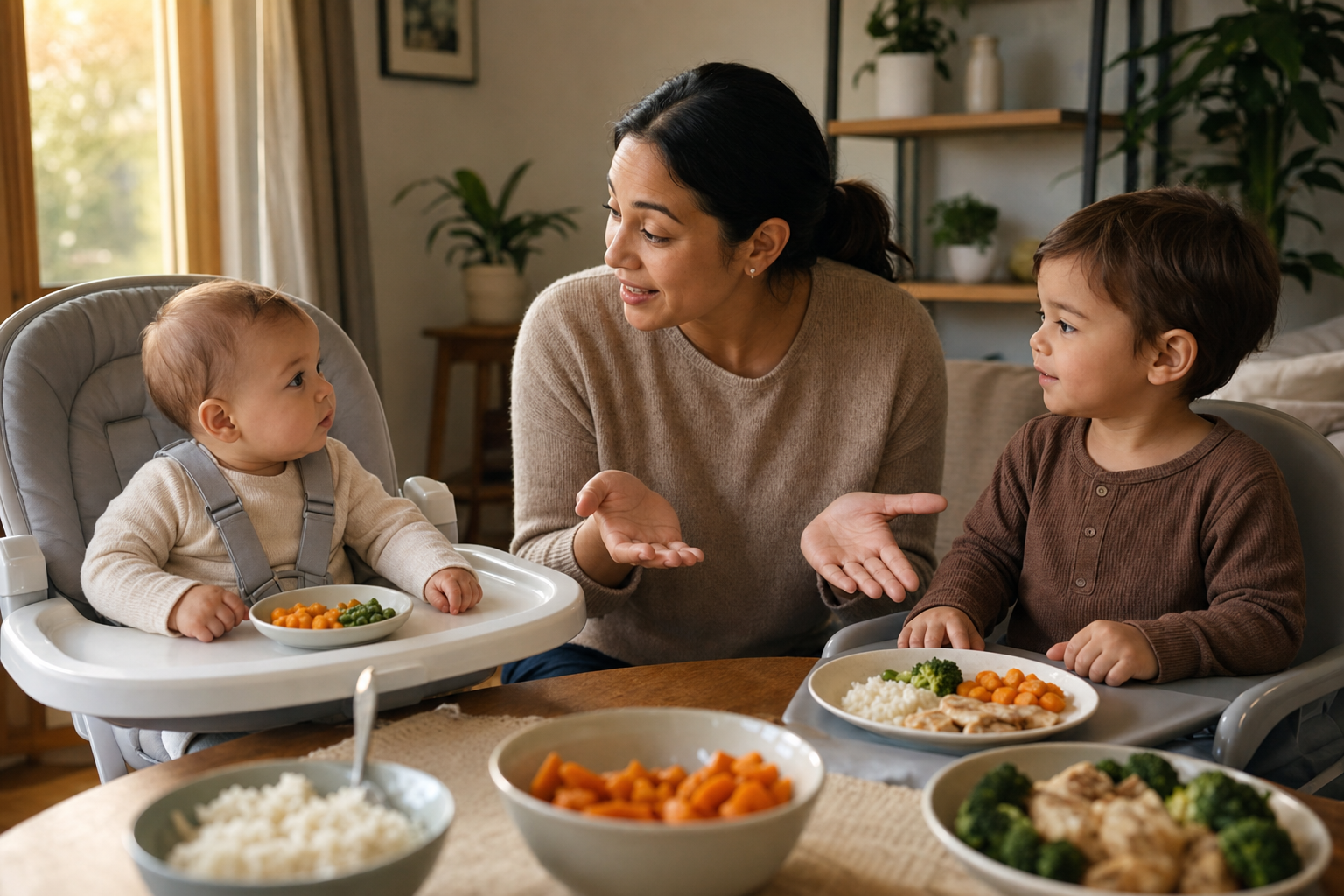 A caregiver calmly gestures toward different age-appropriate plates while a baby and toddler sit together at the family table.