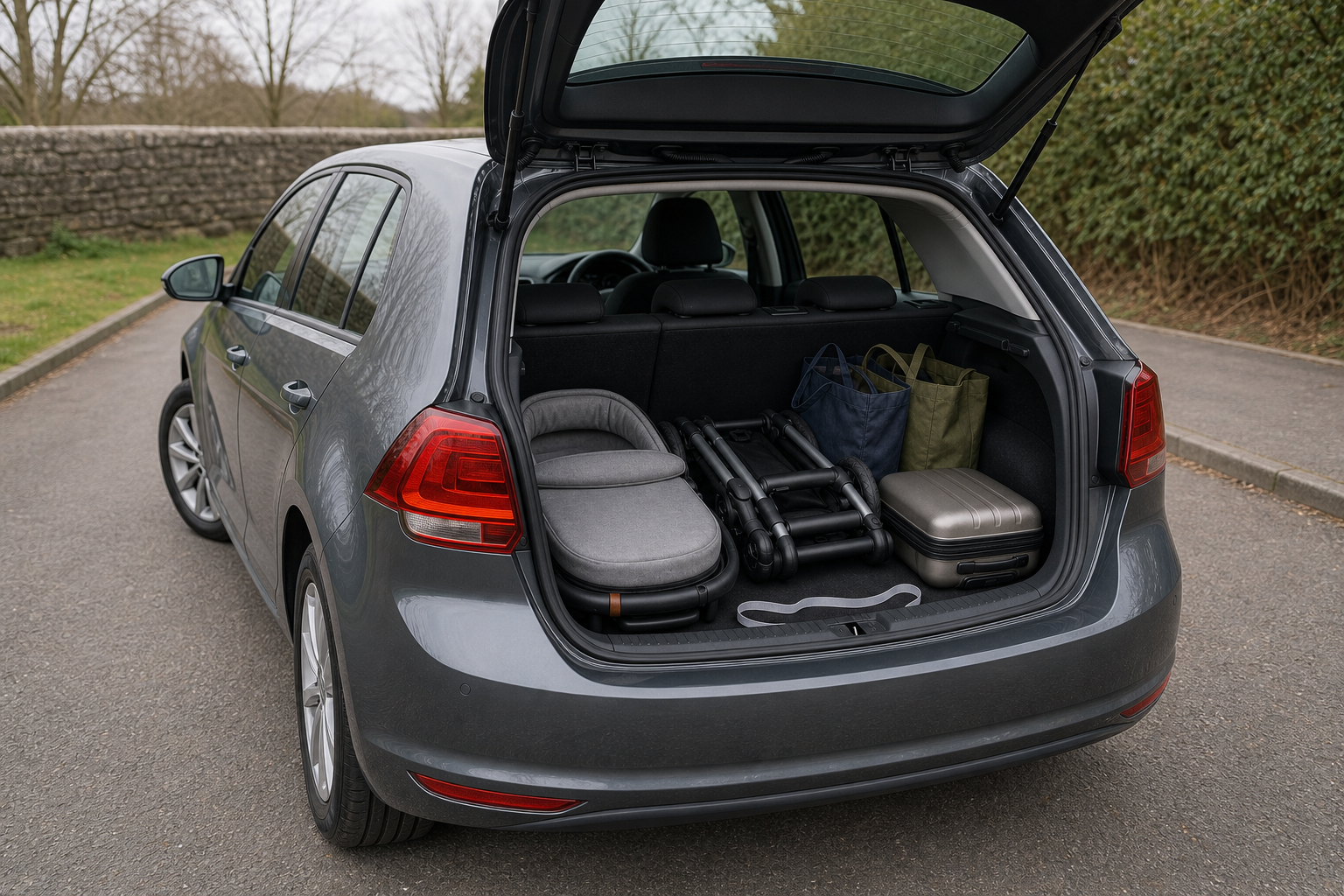 A folded stroller carrycot and chassis being checked for space in the boot of a compact car.