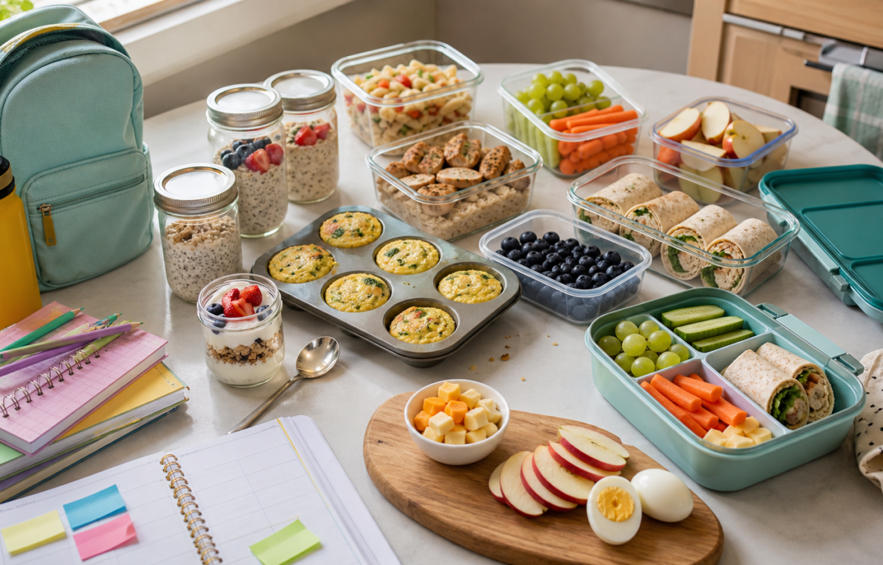 Back-to-school meal prep spread with lunchboxes, overnight oats, egg bites, fruit, vegetables, wraps, and school supplies on a kitchen counter.