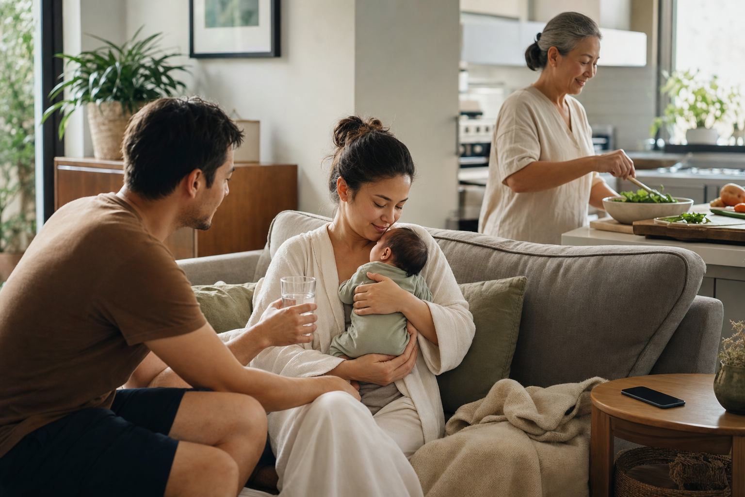 A mother holds her newborn while a partner brings water and a friend prepares food, with a smartphone face down nearby.