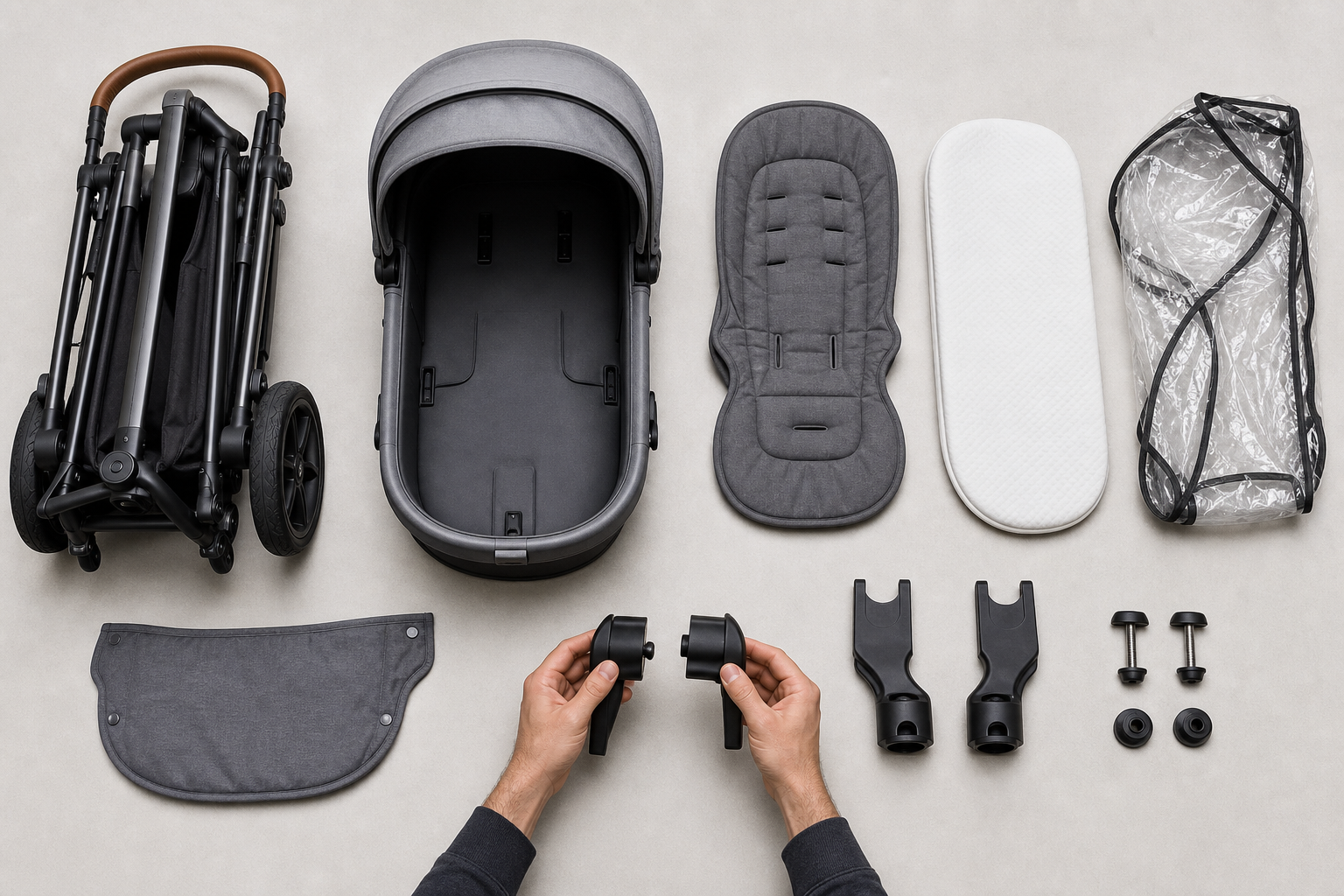 An unbranded stroller chassis, carrycot parts, adaptors, and accessories arranged for a compatibility check.