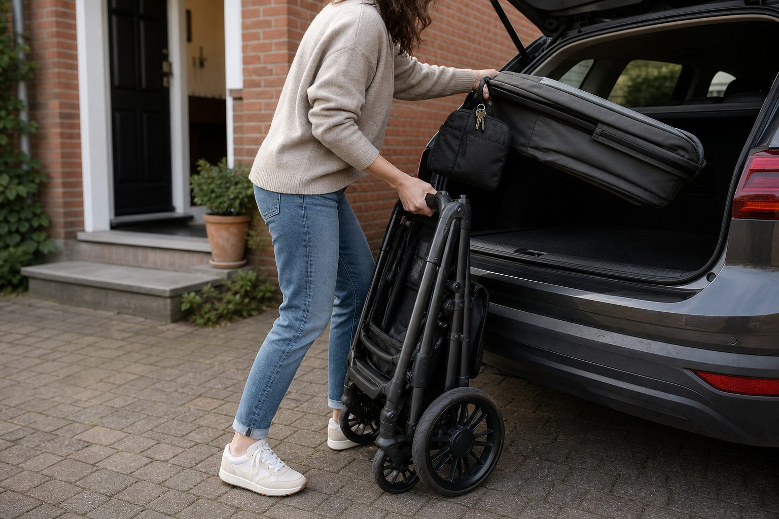 A caregiver lifts a folded carrycot toward a car boot while handling a folded stroller chassis.