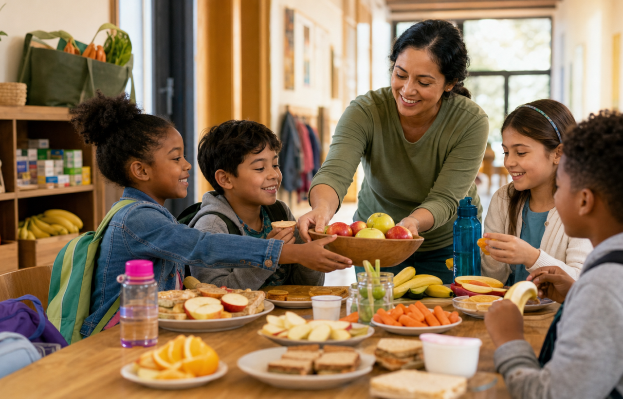 Children sharing healthy after-school snacks at a community table with a caregiver