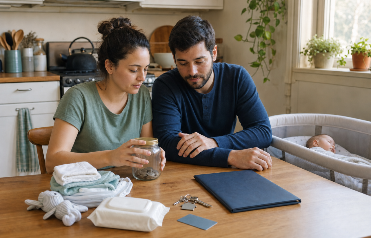 Two parents organize savings, documents, keys, and baby supplies at a kitchen table beside their sleeping infant.