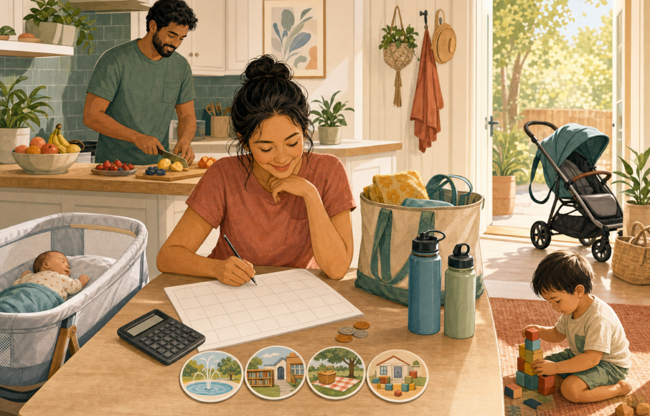 Caregivers plan summer activities at a kitchen table while a toddler plays and a baby rests nearby.