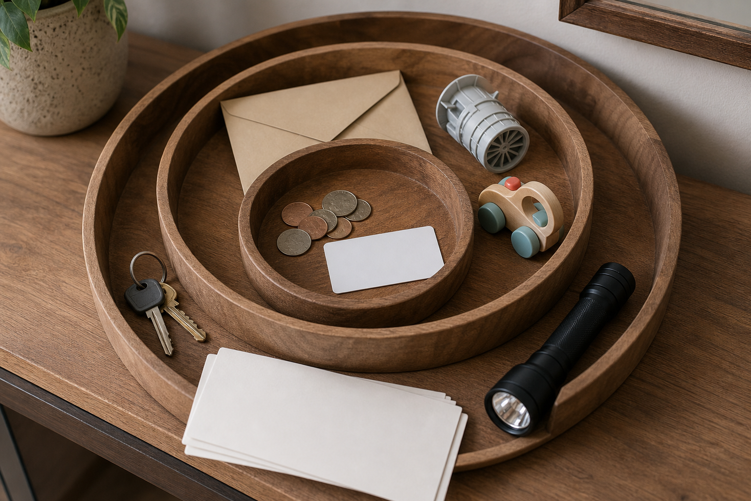 Nested wooden trays hold money, a payment card, a toy, an appliance part, keys, blank calendar pages, and a flashlight.