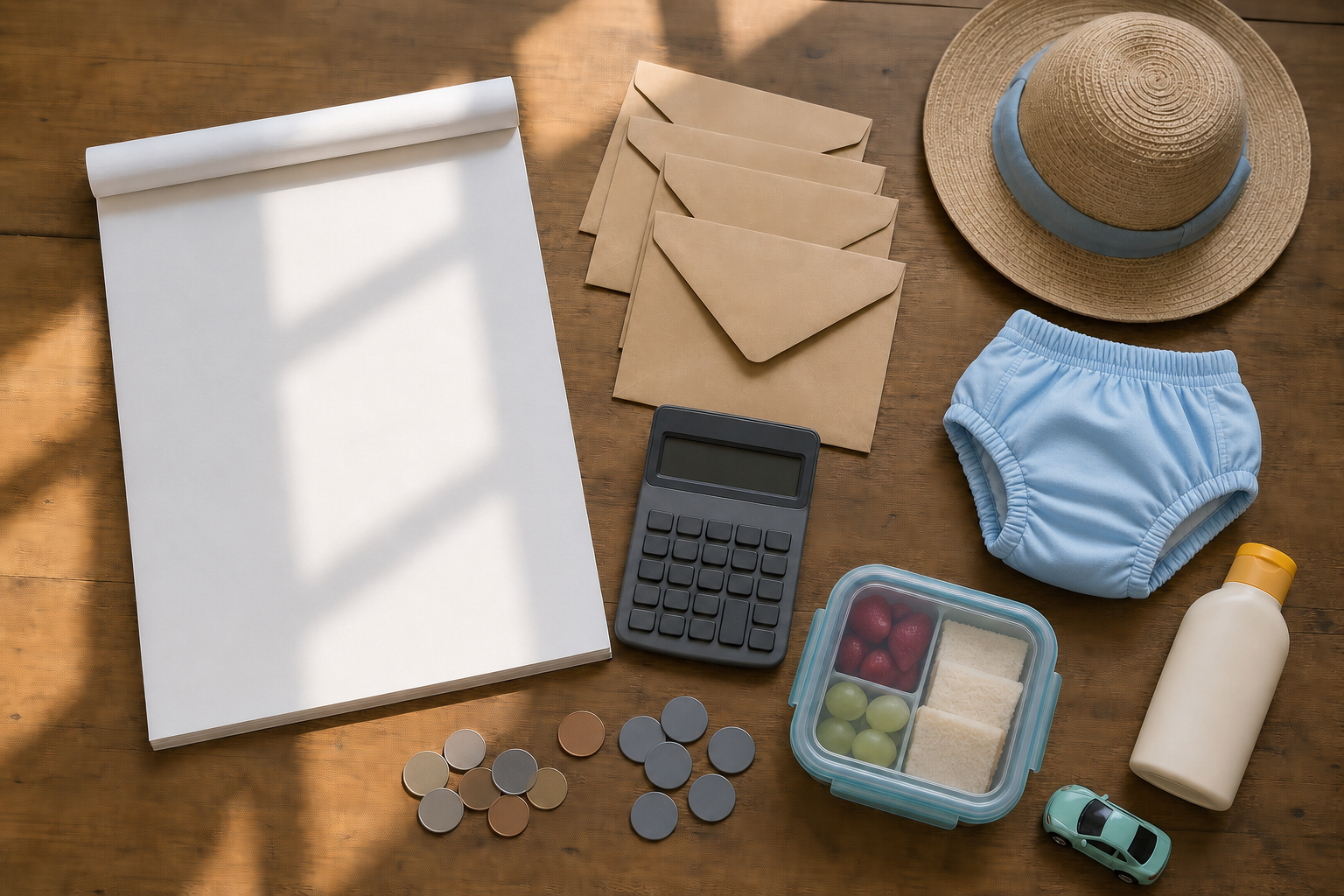 A blank summer calendar is surrounded by envelopes, coins, child supplies, snacks, and transportation items on a table.