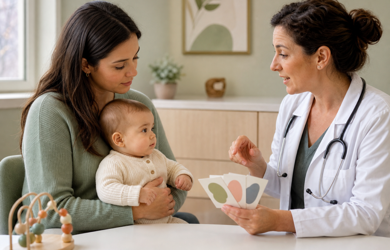 A parent holding an infant talks with a pediatric clinician in a softly lit consultation room.