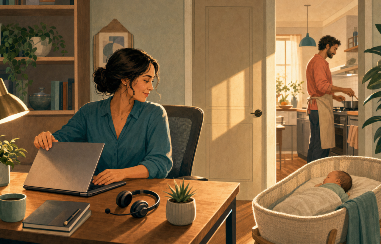 A parent closes a laptop in a tidy home office beside a sleeping baby while another caregiver prepares dinner in the adjoining kitchen.