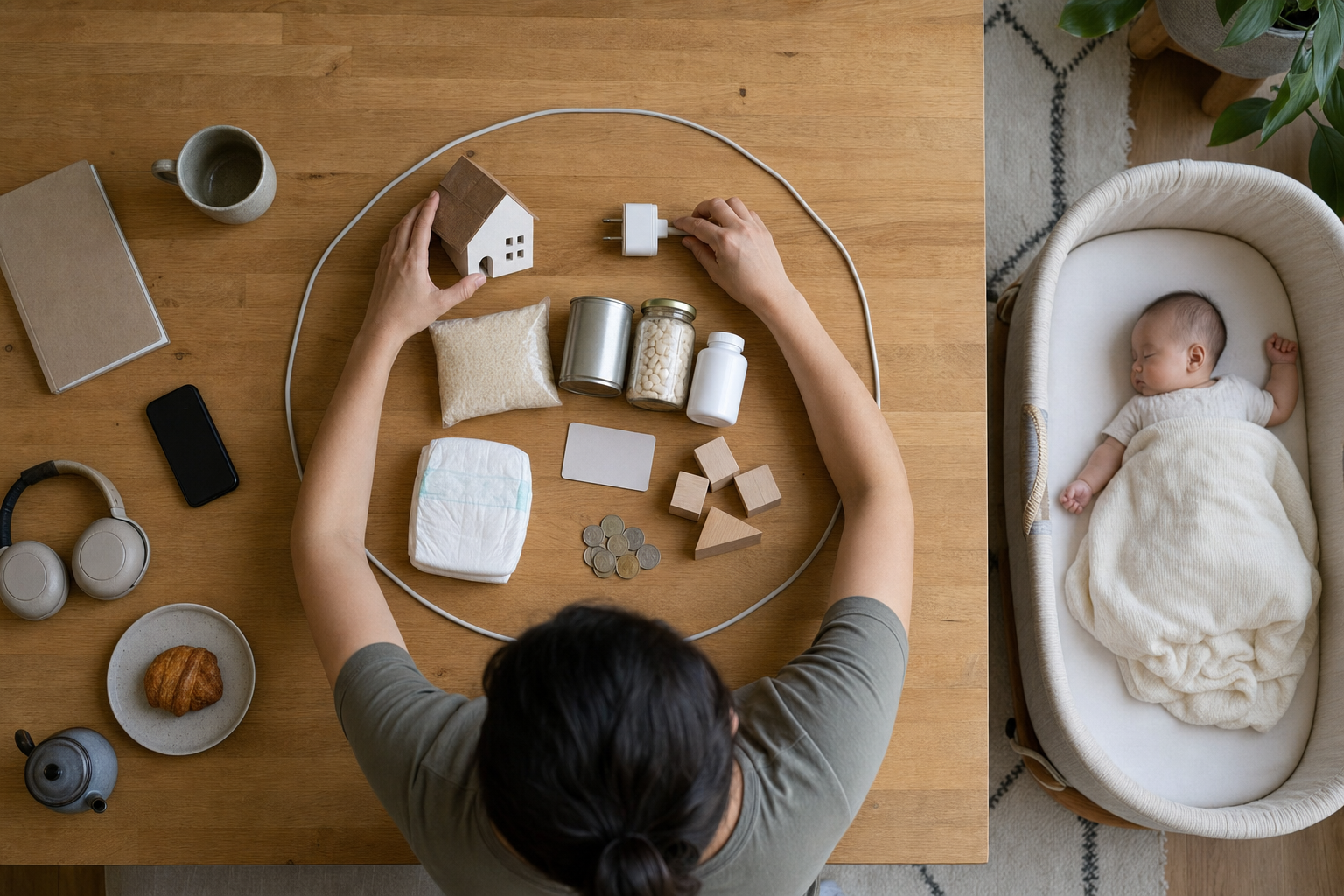 A parent's hands group housing, food, medicine, transportation, childcare, and diaper items inside a cord circle on a table.