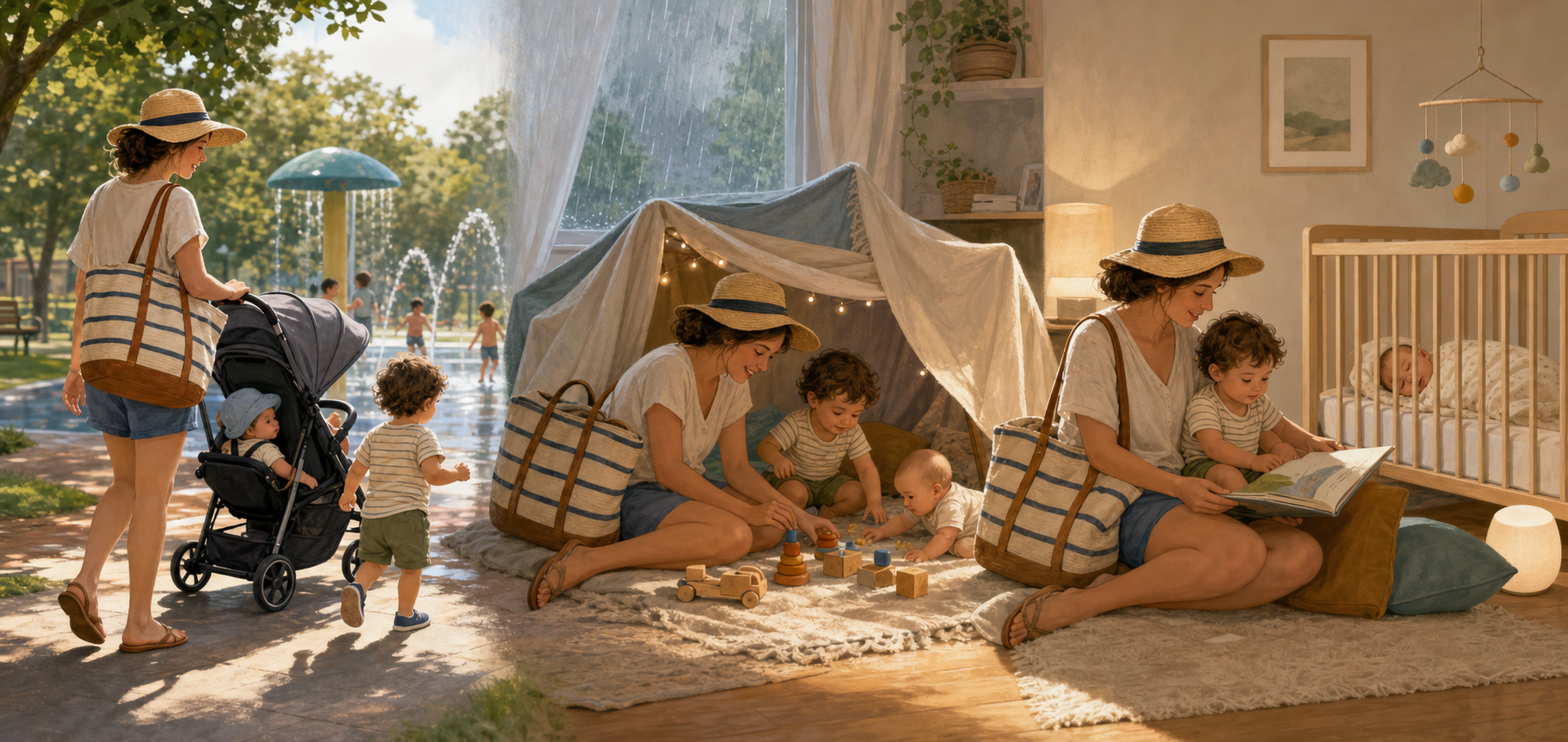 A family alternates between a splash pad, indoor play during rain, and quiet reading while a baby naps.