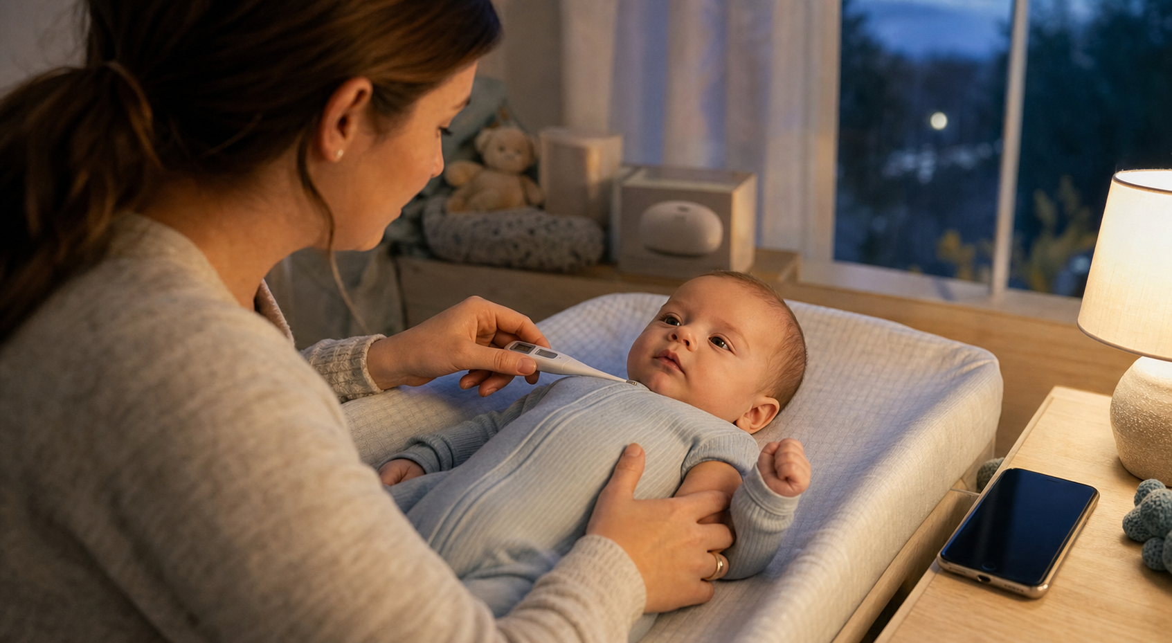 A caregiver checks an awake baby's temperature in a nursery while a phone and optional baby items rest nearby.