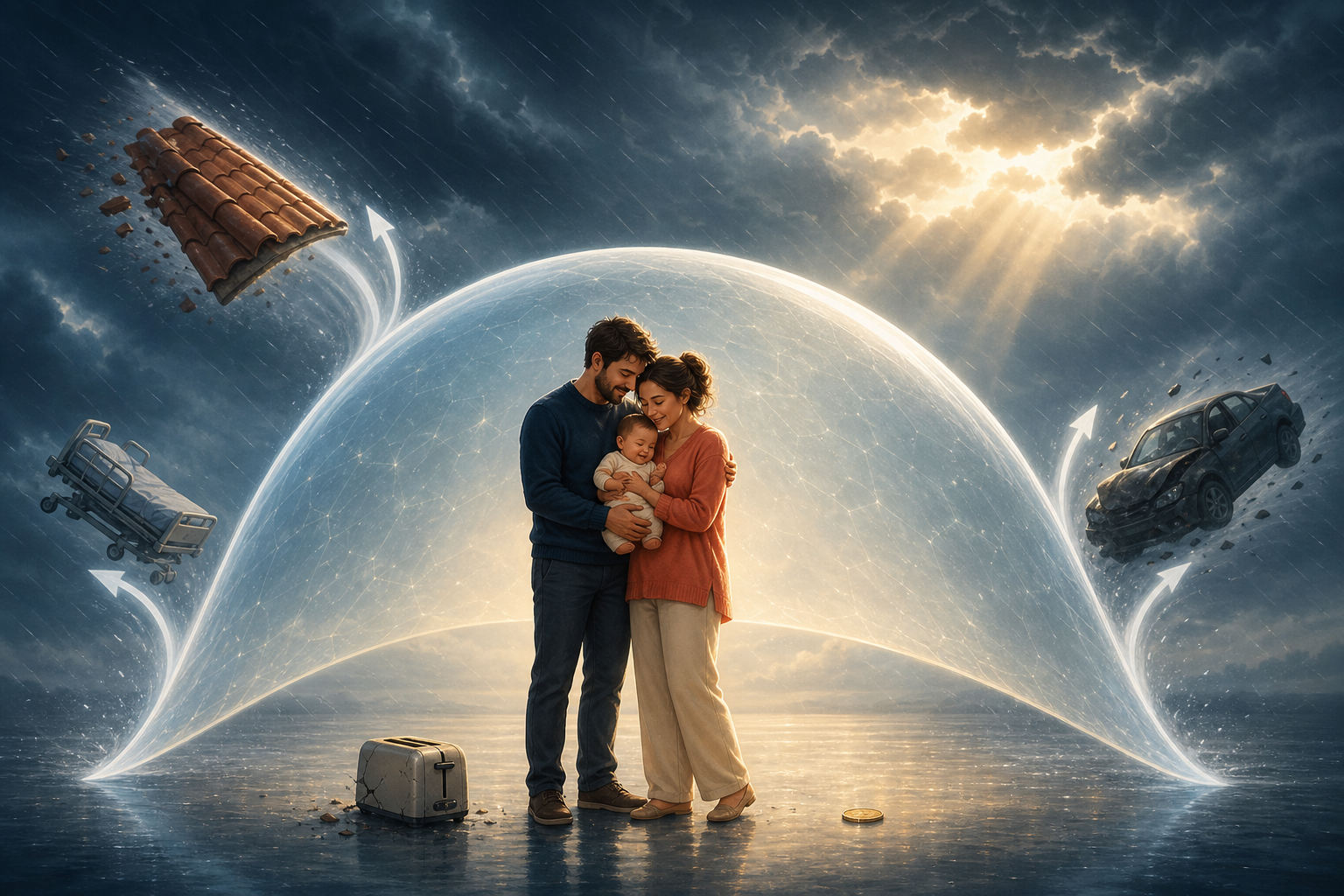 A translucent canopy shields two parents and their baby from large home, medical, and vehicle hazards during a storm.