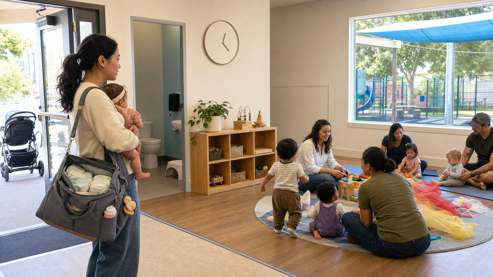A caregiver holding a baby observes a toddler play program in an accessible community recreation room.