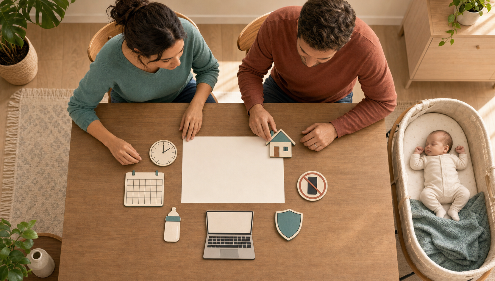 Two parents arrange icon-based planning cards on a table beside a blank sheet while their baby sleeps in a nearby bassinet.