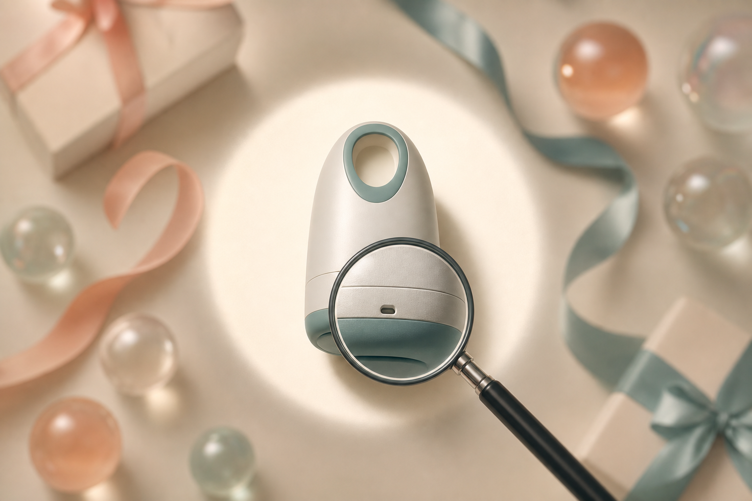 A magnifying lens isolates one feature of an unbranded baby-care device amid blurred decorative packaging.