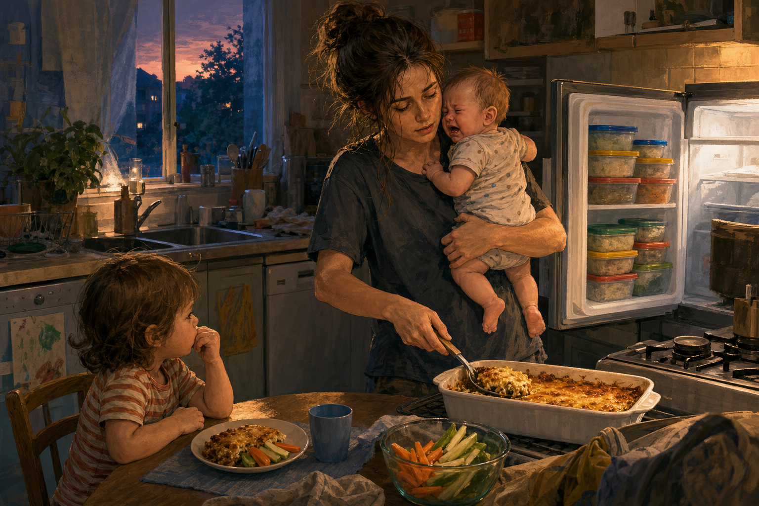 A tired caregiver holding a baby serves a prepared meal to a toddler in a kitchen at dusk.