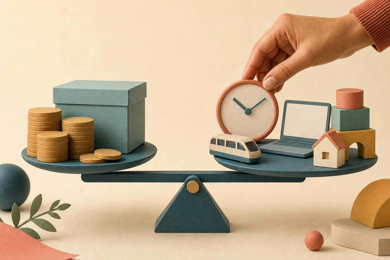 A balance scale holds unmarked coins and a benefits box opposite objects representing childcare, commuting, time, remote work, and home life.