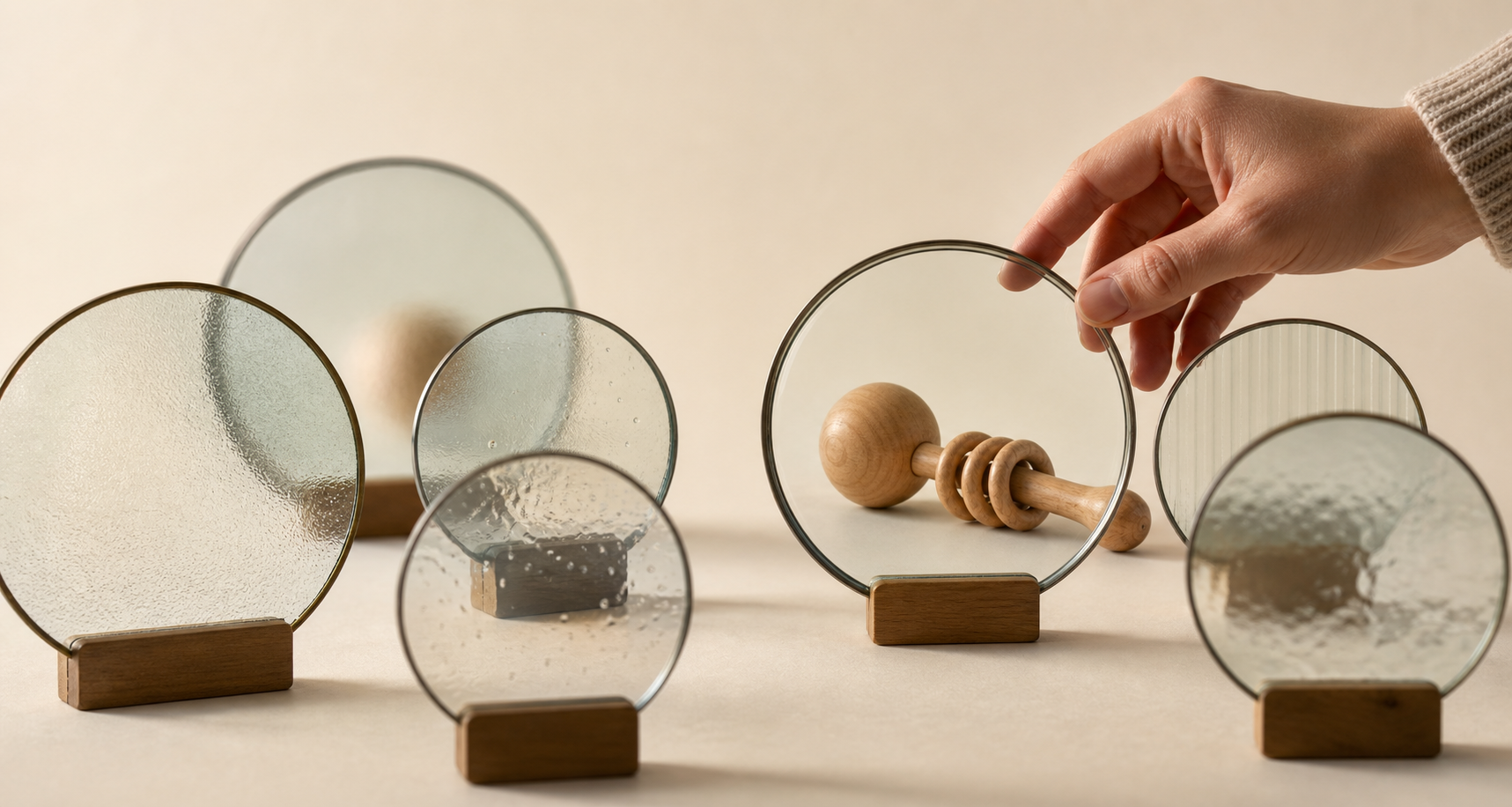 A hand adjusts transparent lenses that show a wooden baby rattle with different levels of clarity and distortion.