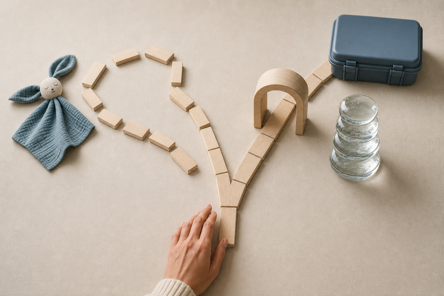 A hand pauses over two wooden paths, one easy to rearrange and one leading through a closed arch toward a sealed case.