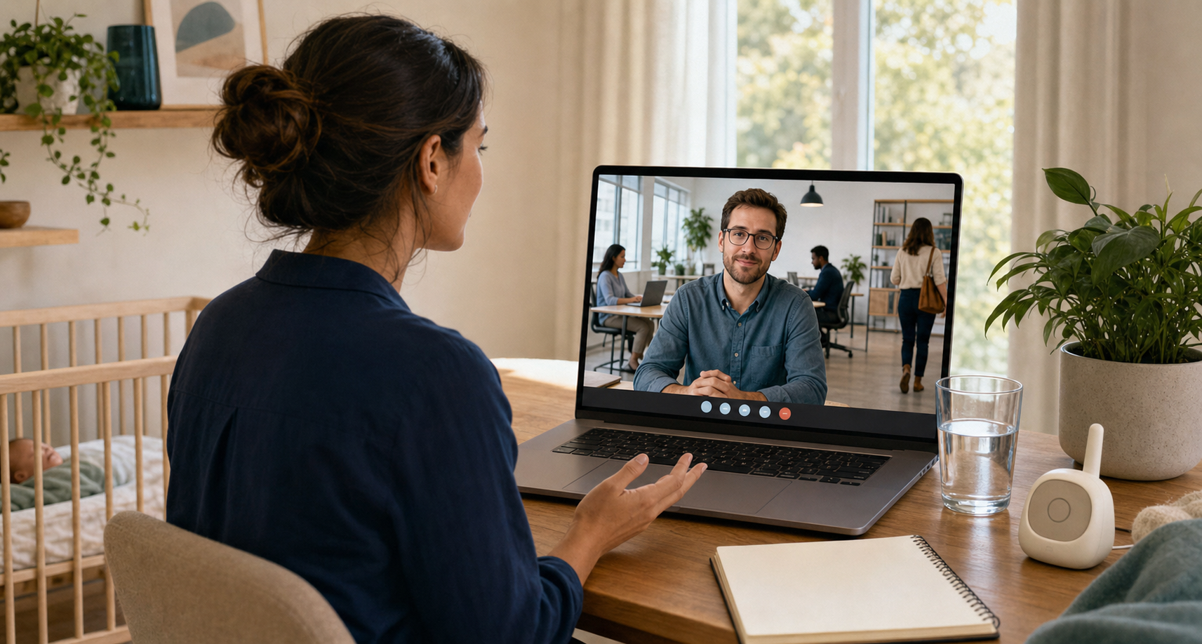 A parent speaks with a prospective manager in a video interview while an orderly team works in the manager's background.
