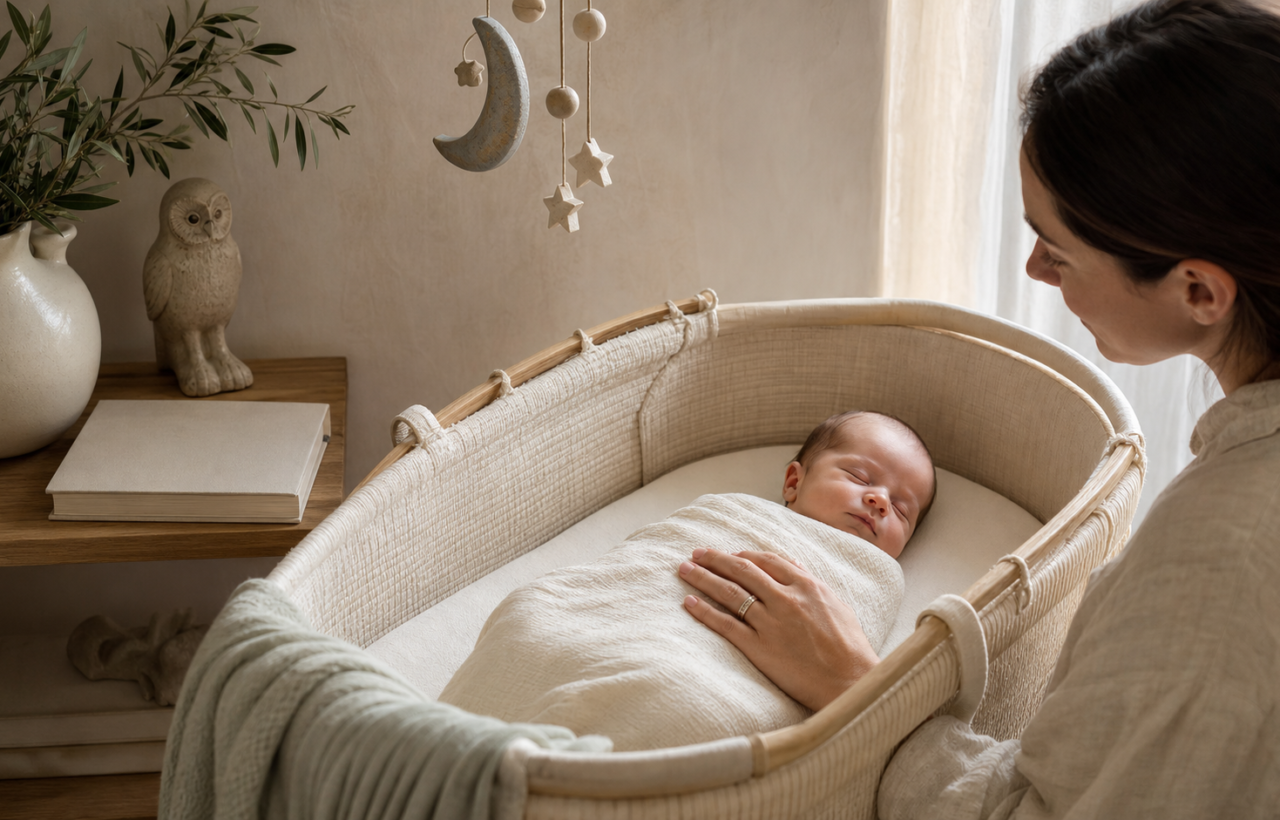 A sleeping newborn in a cream-colored bassinet beside a parent, with an olive branch, owl ornament and moon-and-stars mobile in the nursery.