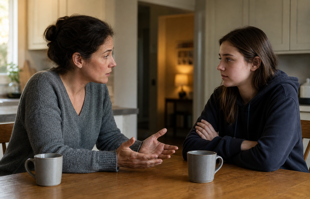 A parent and teenager sit across from each other at a kitchen table during a serious conversation.