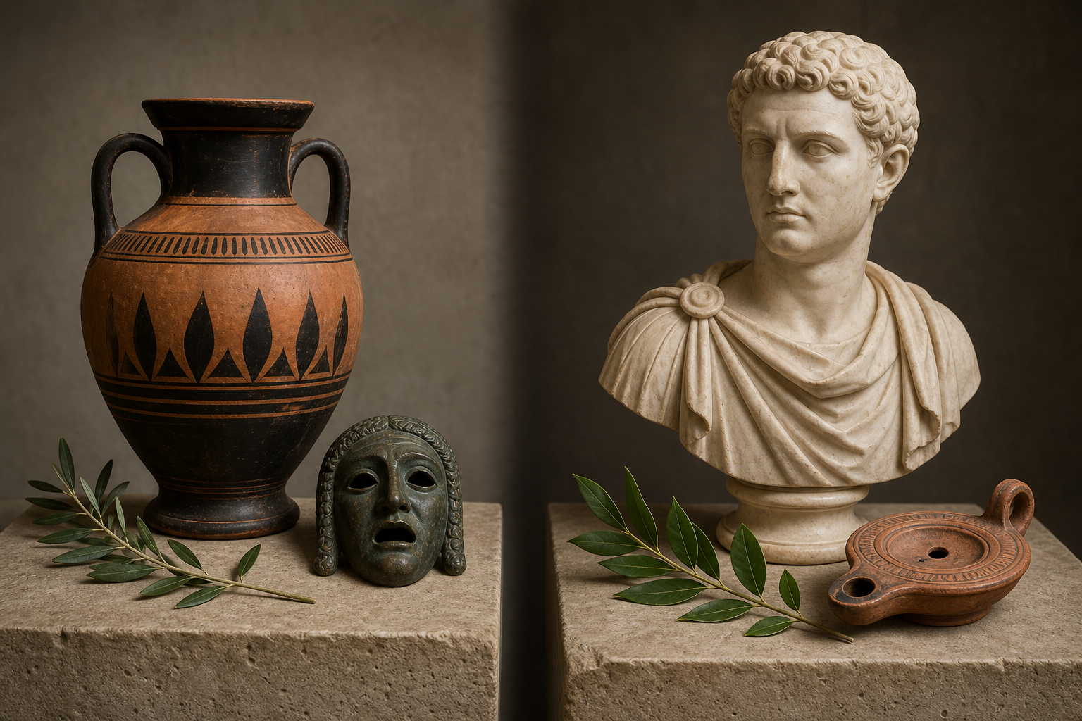 A Greek-style terracotta vessel and bronze mask displayed opposite a Roman-style marble bust and oil lamp on separate stone plinths.