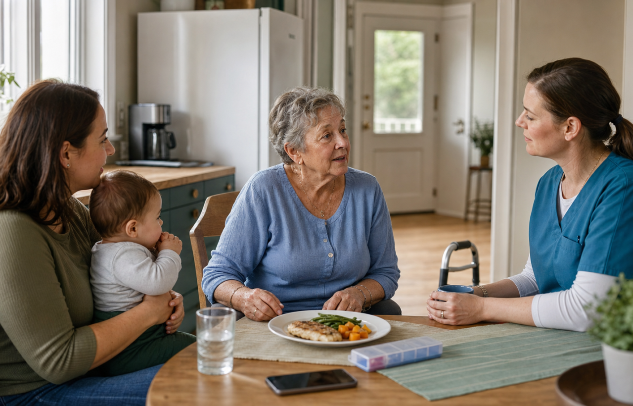 An older woman, her adult daughter holding a baby, and a home-care worker sit together at a kitchen table in an accessible home.