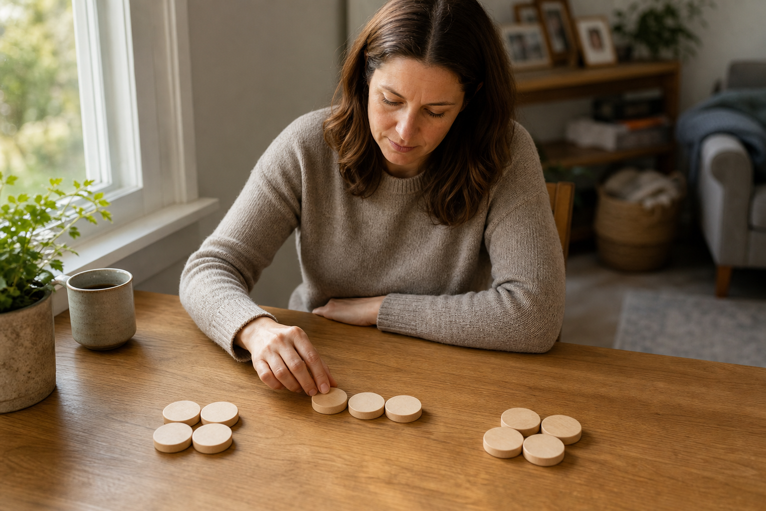 A thoughtful parent sorts blank wooden tokens into groups at a table beside a window.