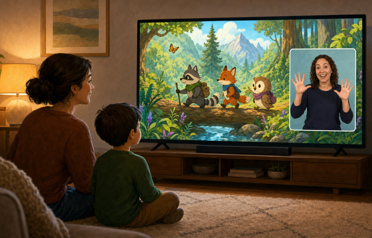 A young child and parent watch an animated program with an ASL interpreter displayed in a movable window on the television.