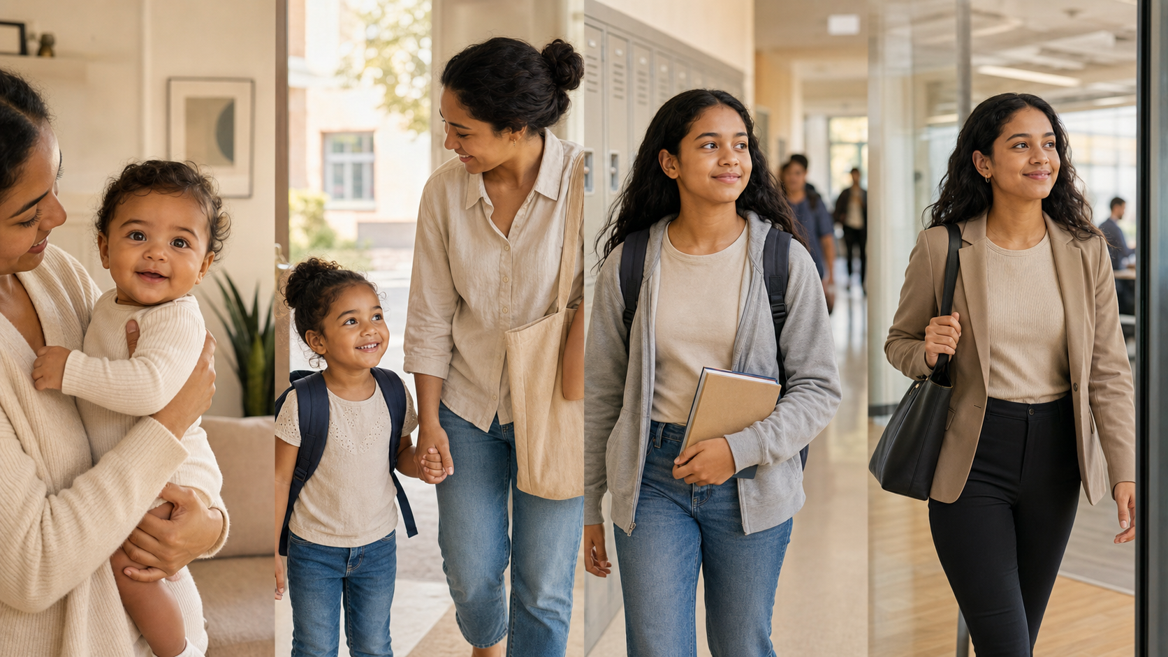 Four connected scenes show the same fictional person as a baby at home, a child at daycare, a teenager at school and an adult at work.