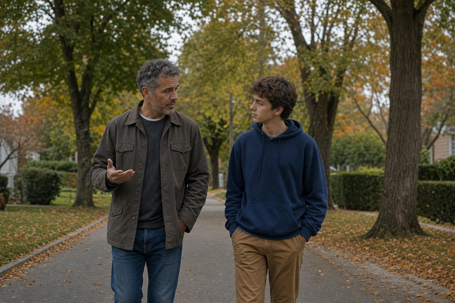 A parent and teenager talk while walking side by side on a quiet neighborhood path.